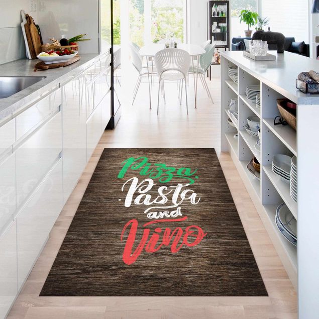 Moderner Teppich Pizza Pasta and Vino auf Planke