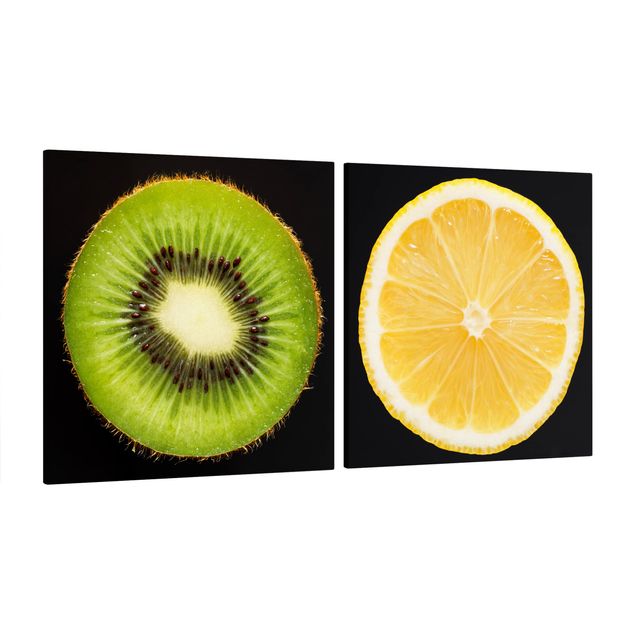 Leinwandbild 2-teilig - Zitrone und Kiwi Nahaufnahme - Quadrate 1:1