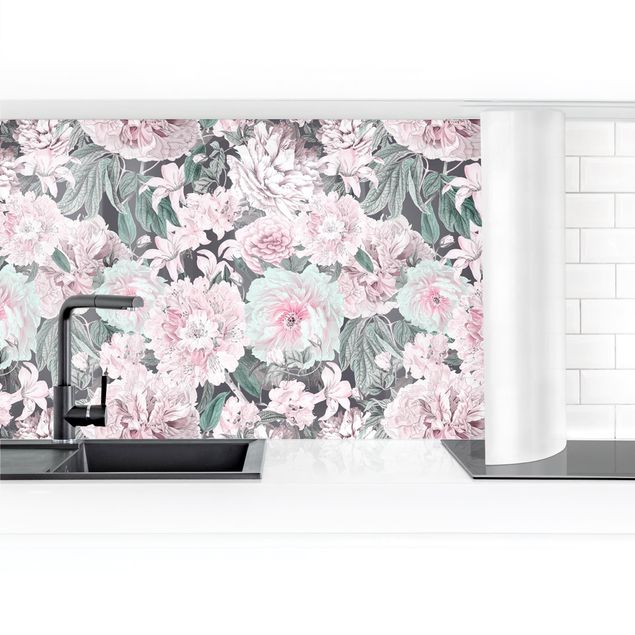 Küchenrückwand selbstklebend Nostalgische Pfingstrosen in Pastell Rosa II