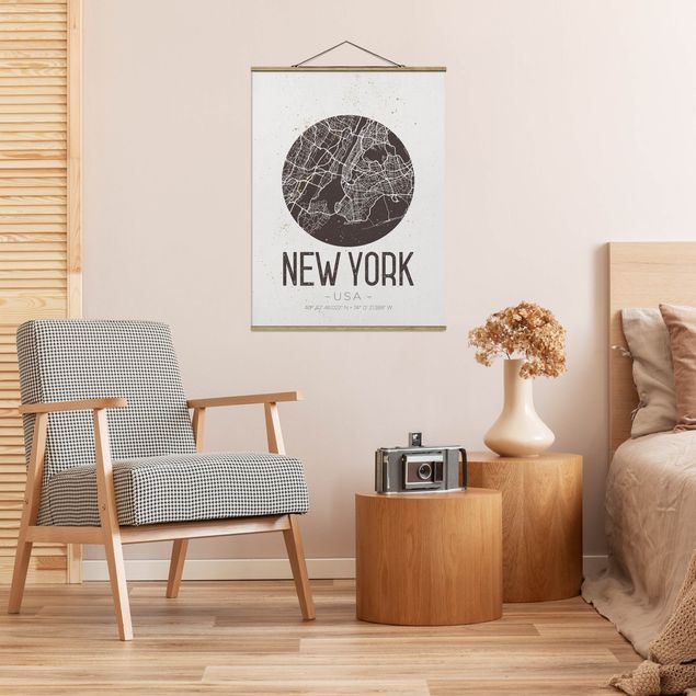 Stoffbilder mit Posterleisten Stadtplan New York - Retro