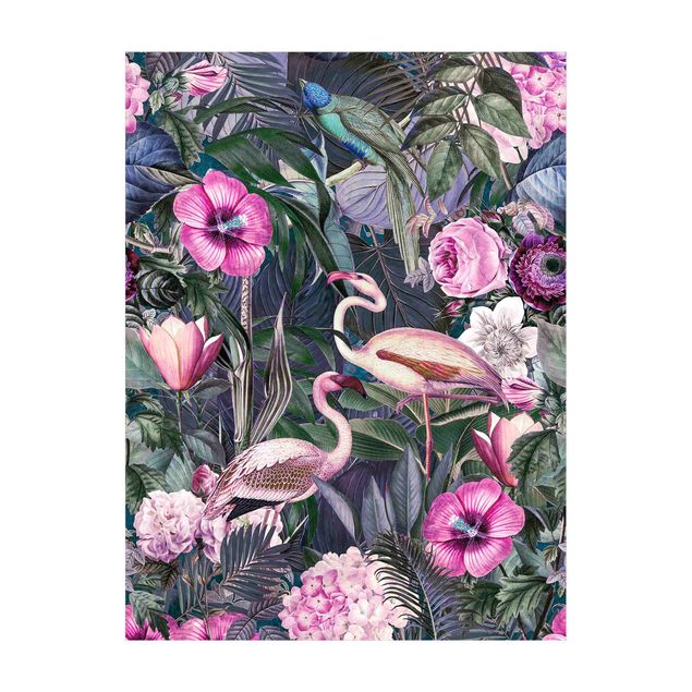 Dschungel Teppich  Bunte Collage - Pinke Flamingos im Dschungel
