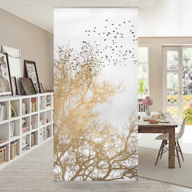 Raumteiler - Vogelschwarm vor goldenem Baum - 250x120cm