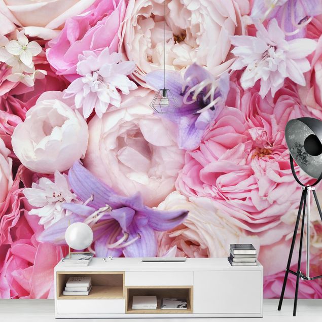 Fototapete - Shabby Rosen mit Glockenblumen
