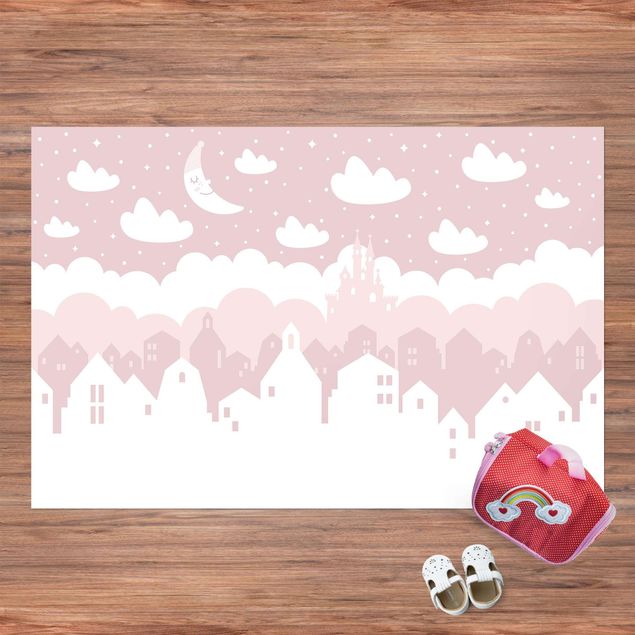 Teppich für Balkon Sternenhimmel mit Häusern und Mond in rosa