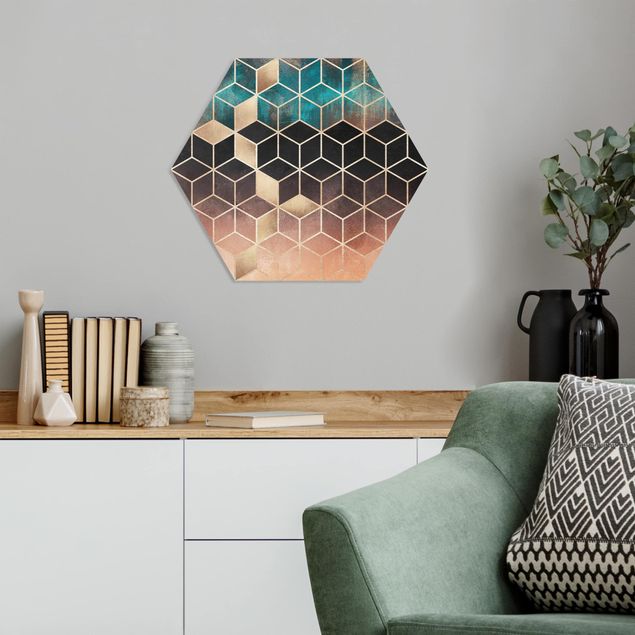 Hexagon Bilder Türkis Rosé goldene Geometrie
