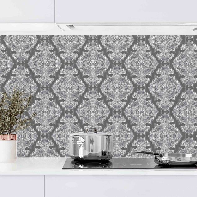 Platte Küchenrückwand Aquarell Barock Muster vor Dunkelgrau II