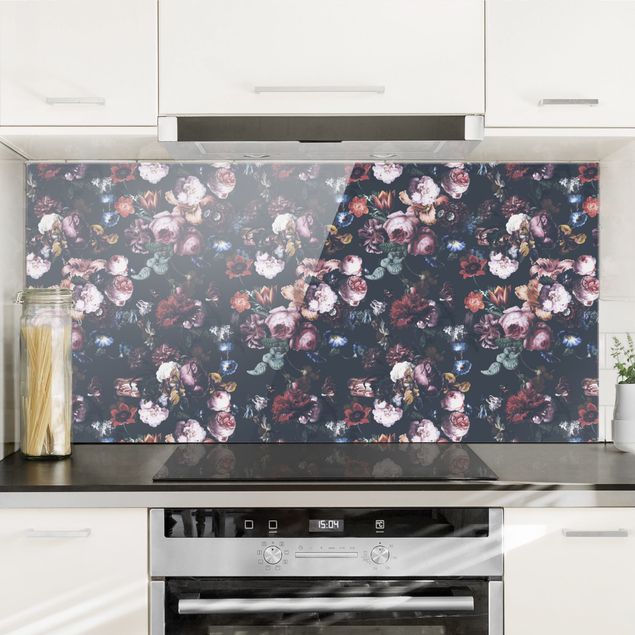 Glasrückwand Küche Blumen Altmeisterliche Blüten mit Tulpen und Rosen auf Dunkelgrau
