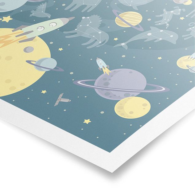 Poster bestellen Planeten mit Sternzeichen und Raketen