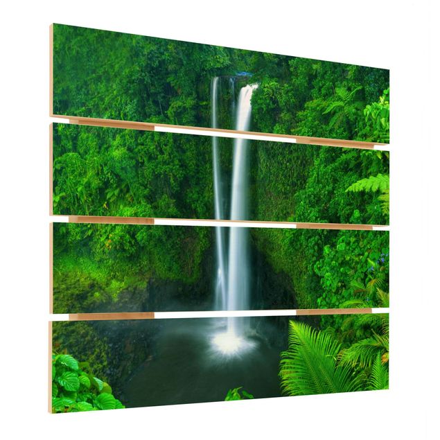Holzbild - Paradiesischer Wasserfall - Quadrat 1:1