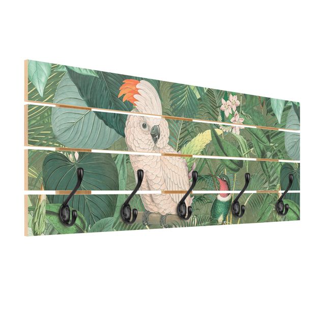 Wandgarderobe Holz - Vintage Collage - Kakadu und Kolibri - Haken chrom Querformat