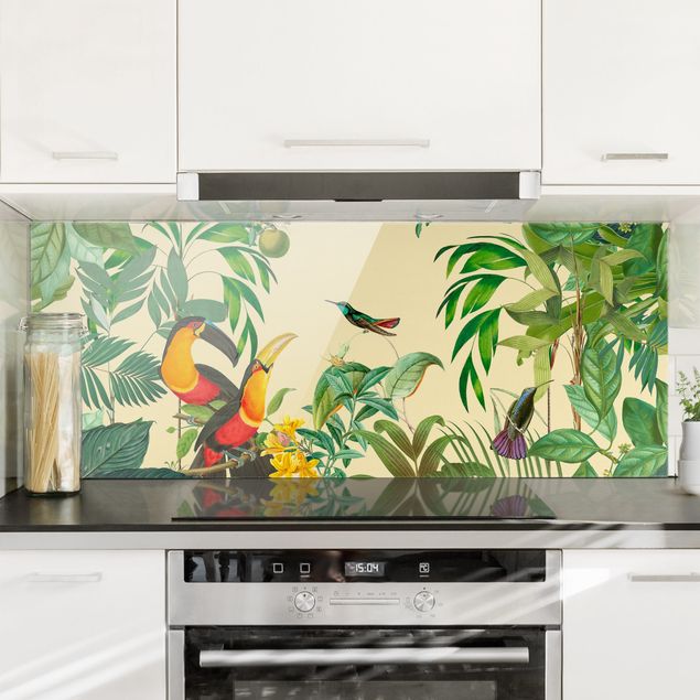 Glasrückwand Küche Blumen Vintage Collage - Vögel im Dschungel