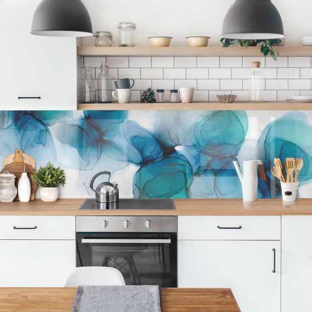 Küchenrückwand selbstklebend Wilde Blüten in Blau und Gold