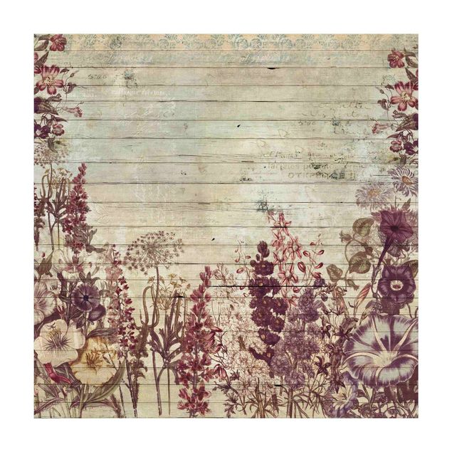 Vinyl-Teppich - Vintage Blumen Holzoptik - Quadrat 1:1