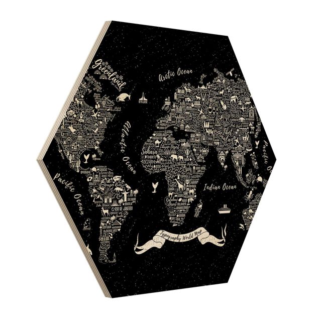 Hexagon Bild Holz - Typografie Weltkarte schwarz