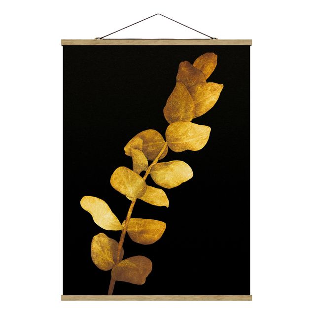 Stoffbild mit Posterleisten - Gold - Eukalyptus auf Schwarz - Hochformat 3:4