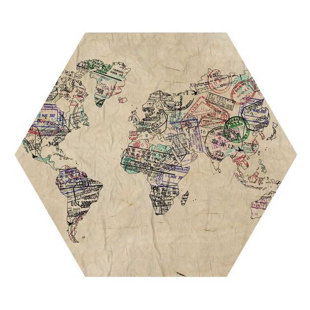 Hexagon Bild Holz - Reisepass Stempel Weltkarte