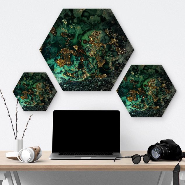 Hexagon Bild Holz - Goldene Meeres-Inseln Abstrakt