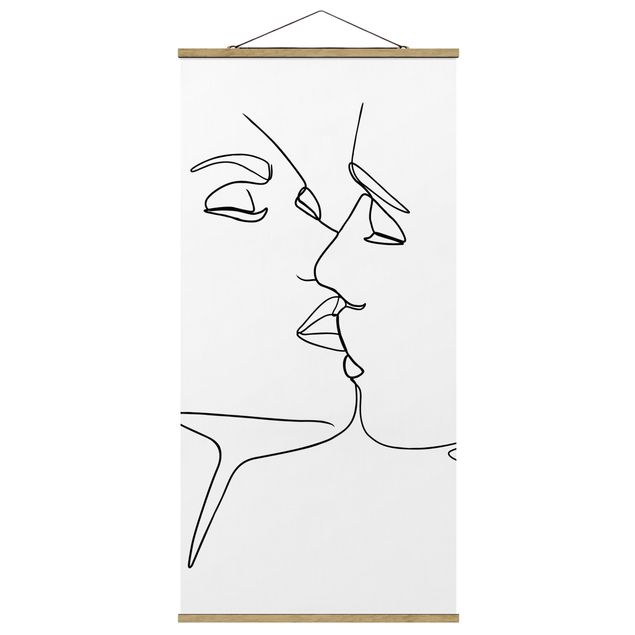 Stoffbilder mit Posterleisten Line Art Kuss Gesichter Schwarz Weiß