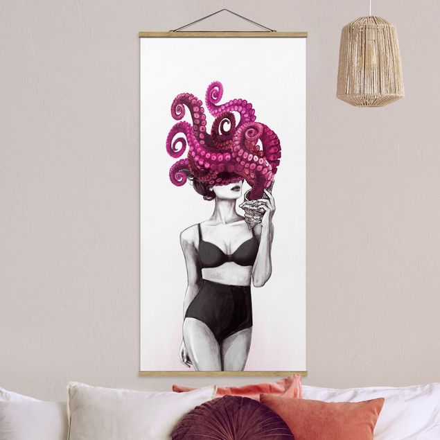 Graves Bilder Illustration Frau in Unterwäsche Schwarz Weiß Oktopus