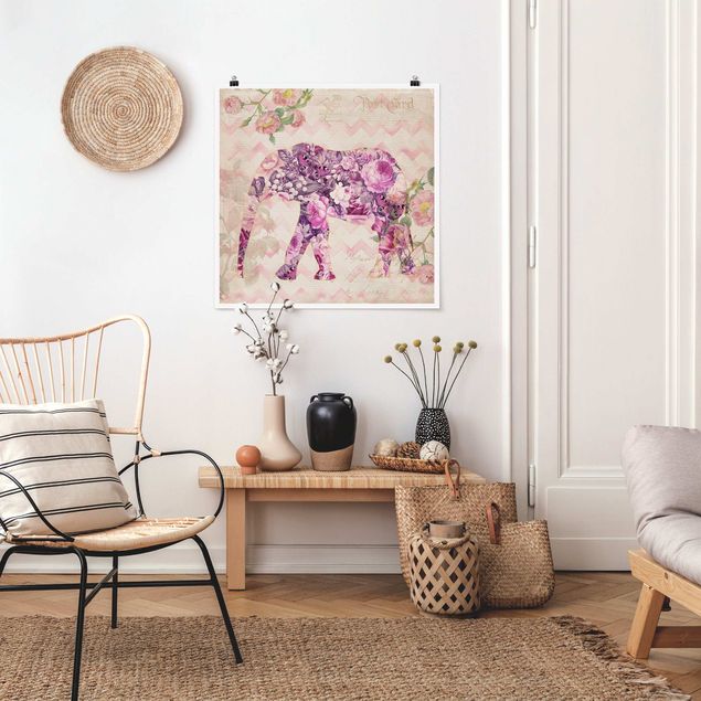 Poster - Vintage Collage - Rosa Blüten Elefant - Quadrat 1:1
