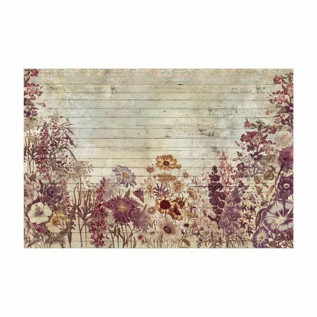 Vinyl-Teppich - Vintage Blumen Holzoptik - Querformat 3:2