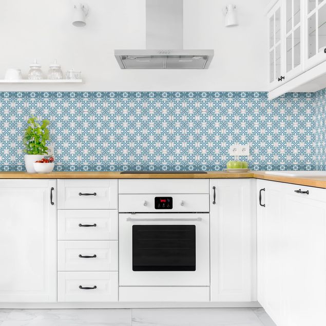 Wandpaneele Küche Geometrischer Fliesenmix Herzen Blaugrau