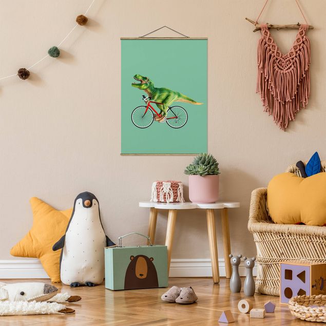 Stoffbilder mit Posterleisten Dinosaurier mit Fahrrad