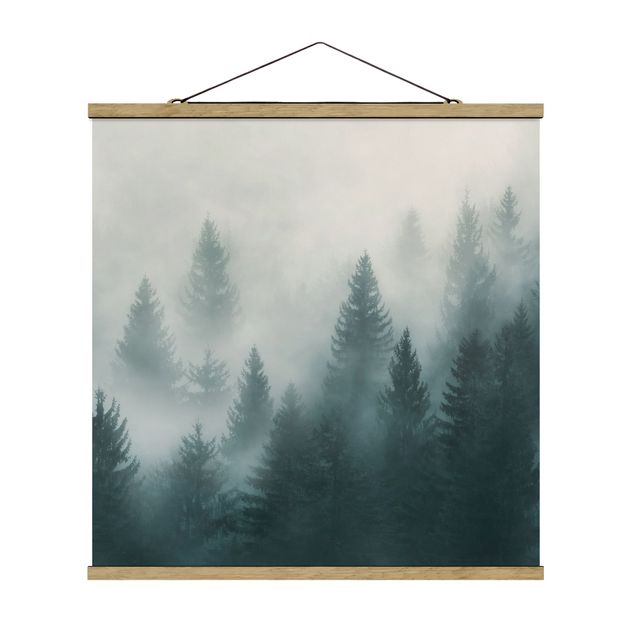 Stoffbild mit Posterleisten - Nadelwald im Nebel - Quadrat 1:1