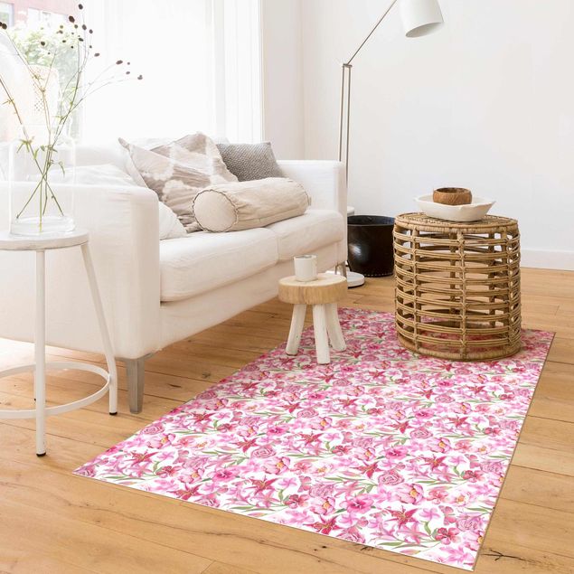 Teppich modern Pinke Blumen mit Schmetterlingen