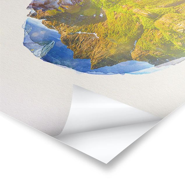 Poster bestellen Wasserfarben - Berglandschaft mit Wasserspiegelung in Norwegen