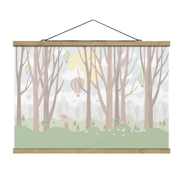 Stoffbild mit Posterleisten - Sonne mit Bäumen und Heißluftballons - Querformat 3:2