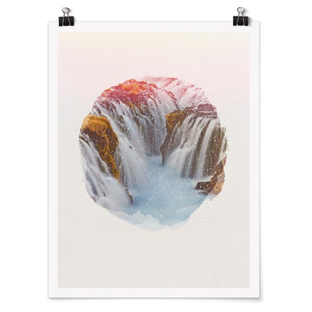Poster - Wasserfarben - Brúarfoss Wasserfall in Island - Hochformat 4:3