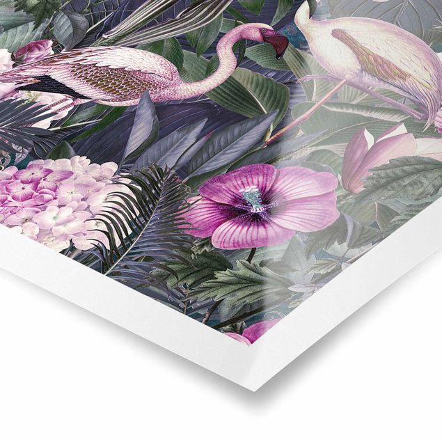 Poster - Bunte Collage - Pinke Flamingos im Dschungel - Hochformat 4:3