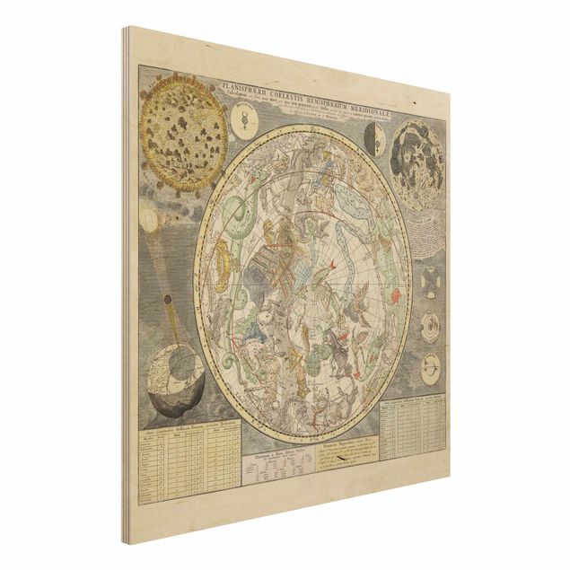 Holzbild Weltkarte Vintage Antike Sternenkarte