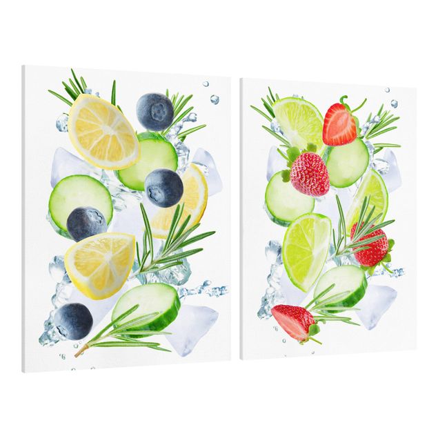Leinwandbild 2-teilig - Beeren und Zitrusfrucht Eiswürfel Spash - Hoch 3:4
