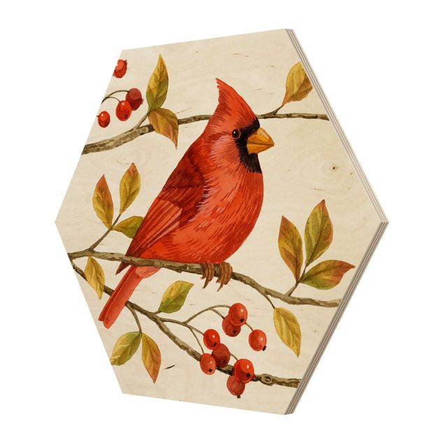 Hexagon Bild Holz - Vögel und Beeren - Rotkardinal