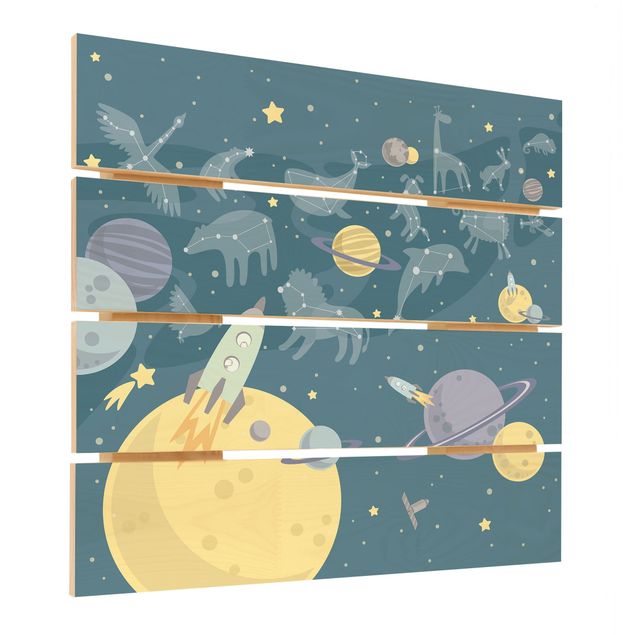 Holzbild - Planeten mit Sternzeichen und Raketen - Quadrat 1:1