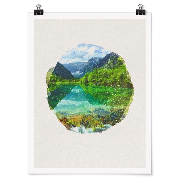 Moderne Poster Wasserfarben - Bergsee mit Spiegelung