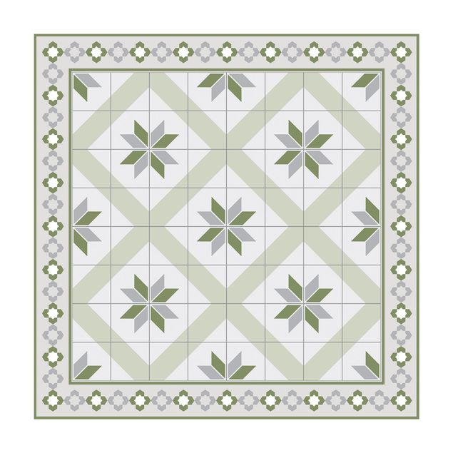 Teppich grün Geometrische Fliesen Rautenblüte Olivgrün mit Bordüre