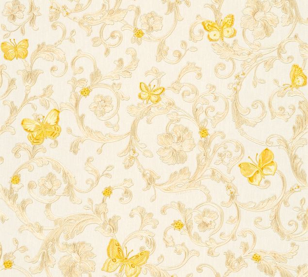 Muster Tapete Versace wallpaper Versace 3 Butterfly Barocco in Creme Gelb Metallic - 343251