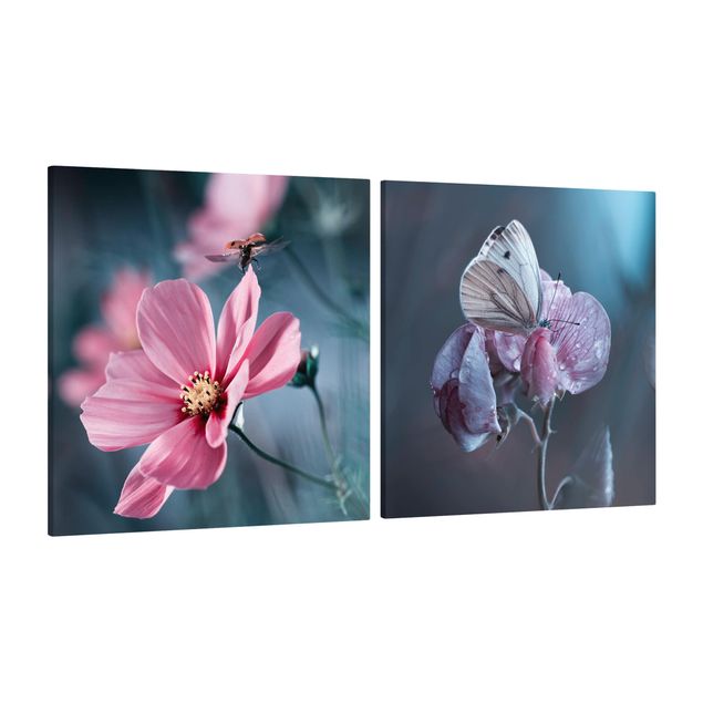 Leinwandbild 2-teilig - Schmetterling und Marienkäfer auf Blüten - Quadrate 1:1