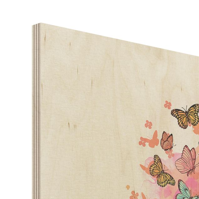 Holzbild - Illustration Katze mit bunten Schmetterlingen Malerei - Hochformat 4:3