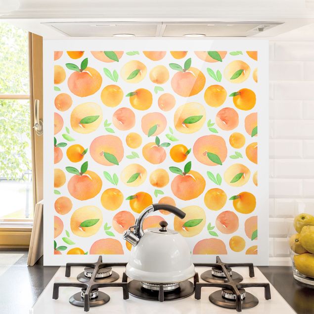 Spritzschutz Gemüse & Obst Aquarell Orangen mit Blättern in weißem Rahmen