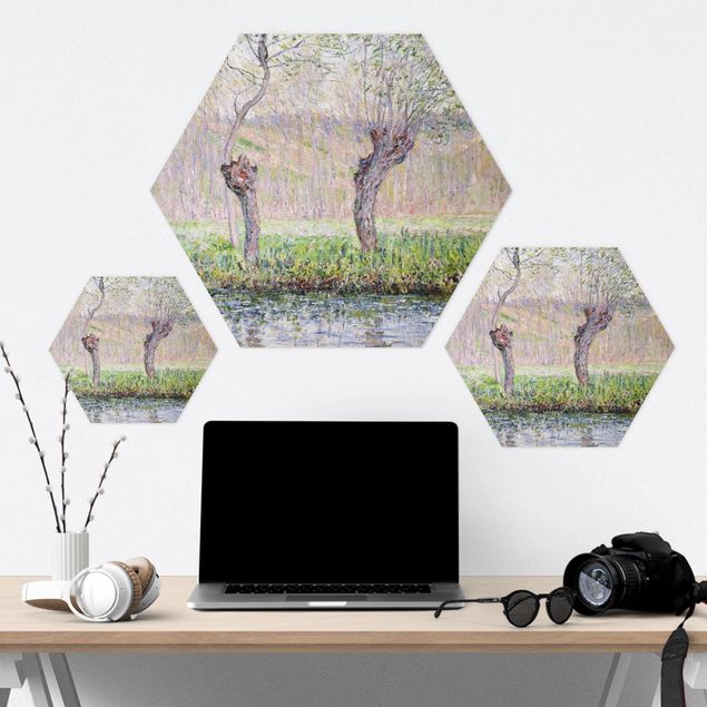 Hexagon Bild Alu-Dibond - Claude Monet - Weidenbäume Frühling