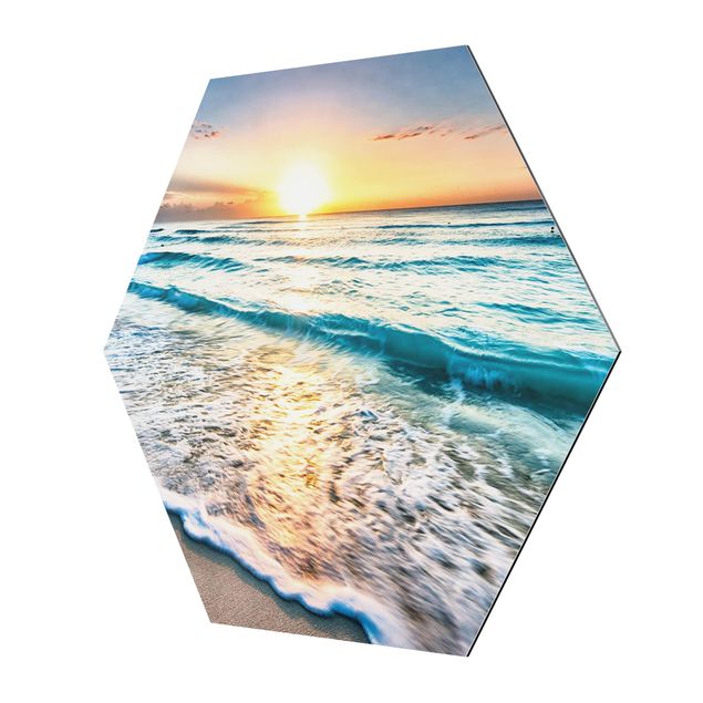 Hexagon Bild Alu-Dibond - Sonnenuntergang am Strand