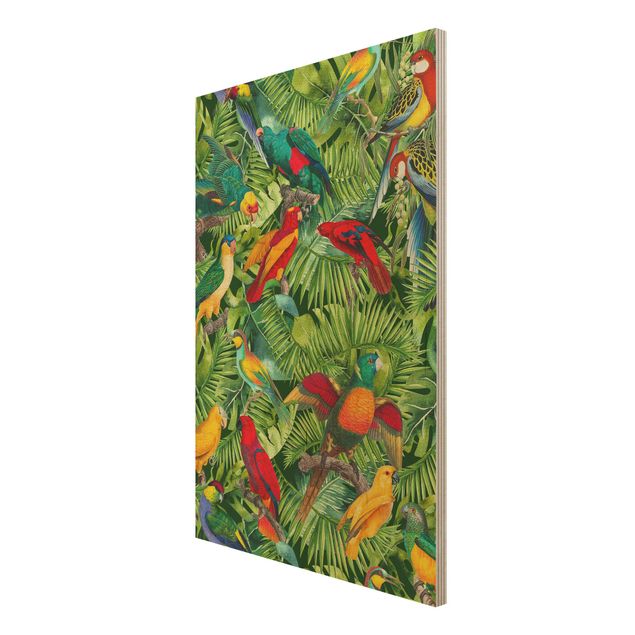 Holzbilder Bunte Collage - Papageien im Dschungel