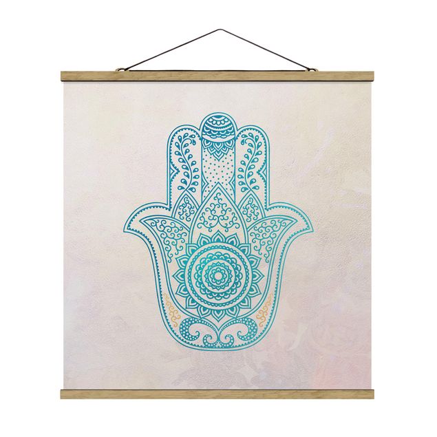 Stoffbild mit Posterleisten - Hamsa Hand Illustration Mandala gold blau - Quadrat 1:1