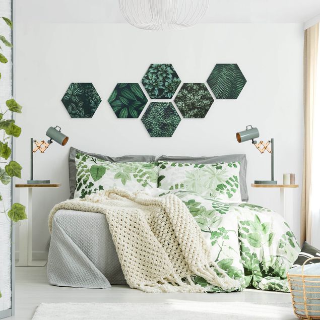 Hexagon Bild Forex 6-teilig - Grüne Blätter Set II