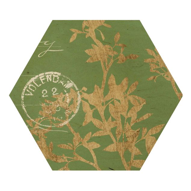 Hexagon Bild Holz - Goldene Blätter auf Lind II