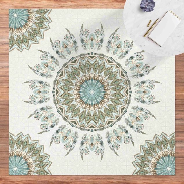 Teppich für Balkon Mandala Aquarell Federn Muster blau grün